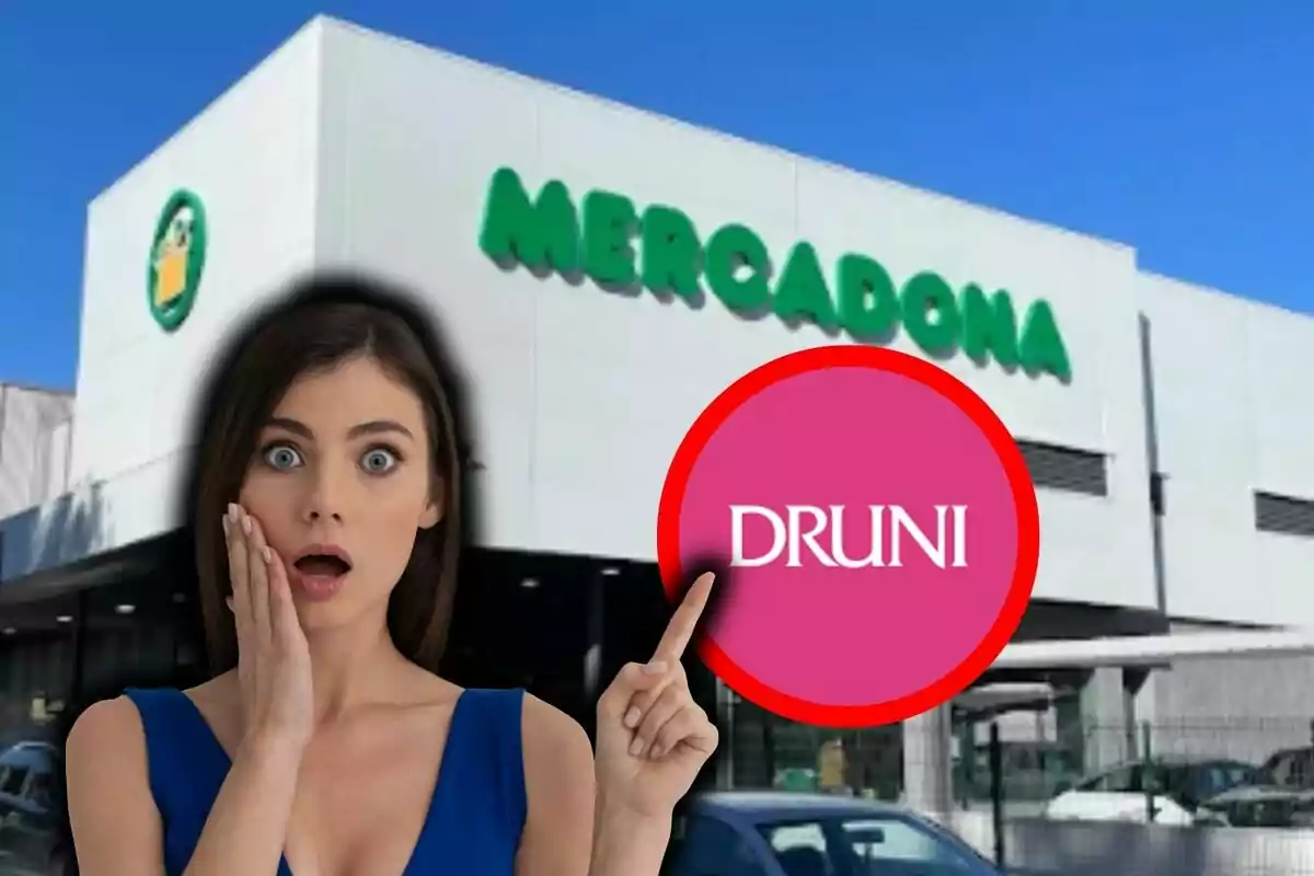 Mujer sorprendida frente a un supermercado Mercadona con un círculo rosa que tiene el texto Druni.