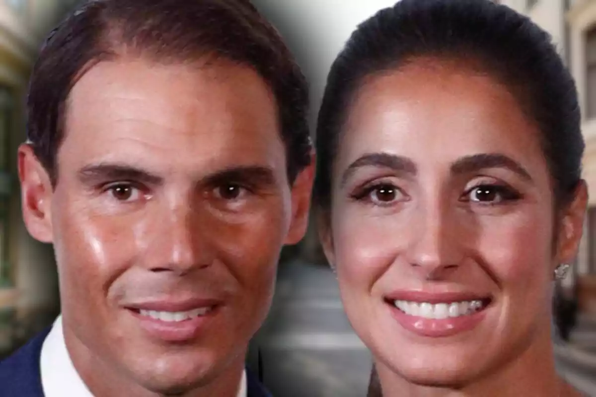 Montaje de fotos de primer plano de Rafa Nadal y Xisca Perelló, ambos con rostro sonriente.