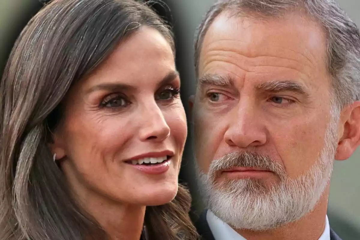 Montaje de fotos de primer plano de Letizia Ortiz sonriente y el rey Felipe con rostro serio.
