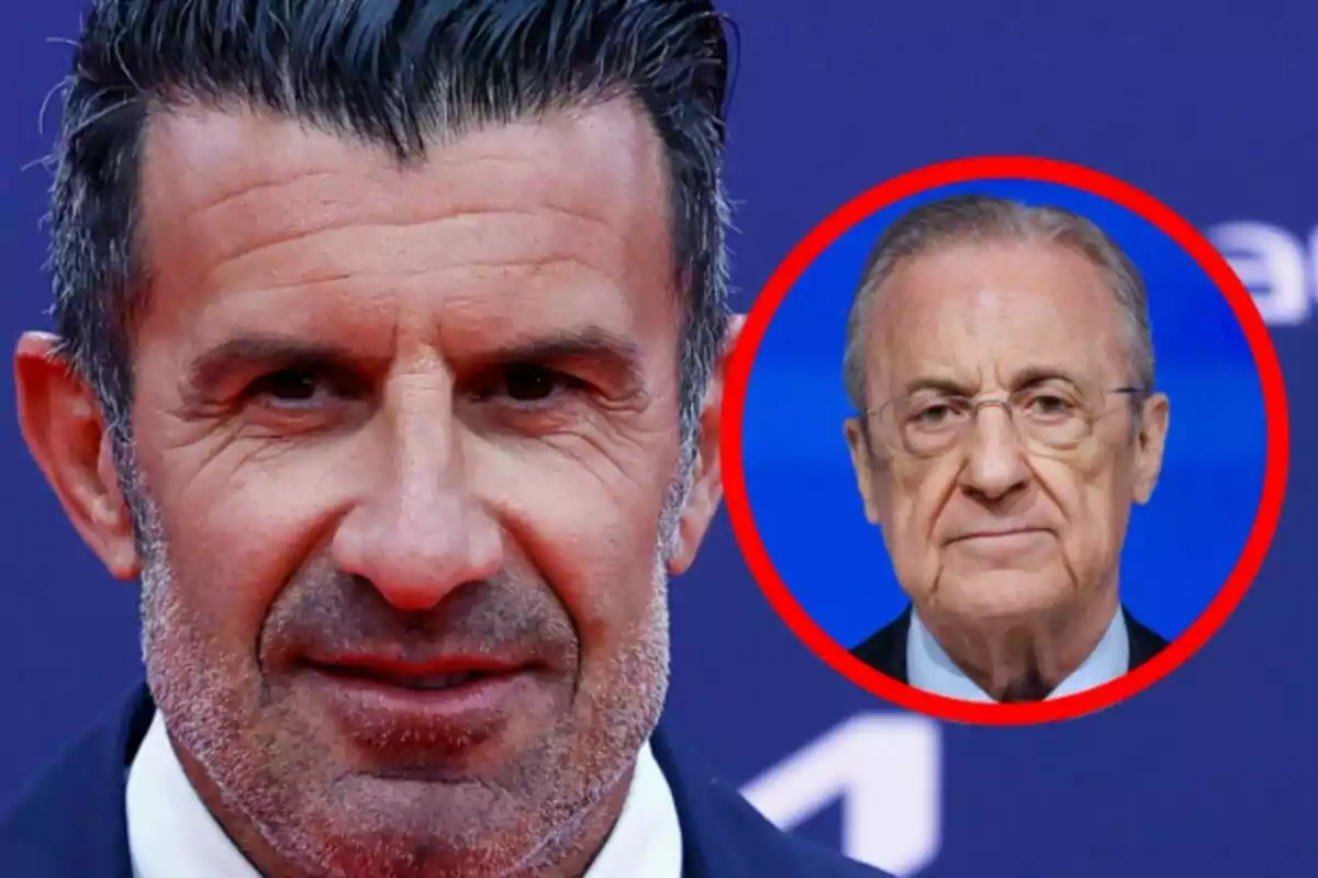 Muntatge de fotos en primer pla de Luis Figo i Florentino Pérez, tots dos amb el rostre seriós.