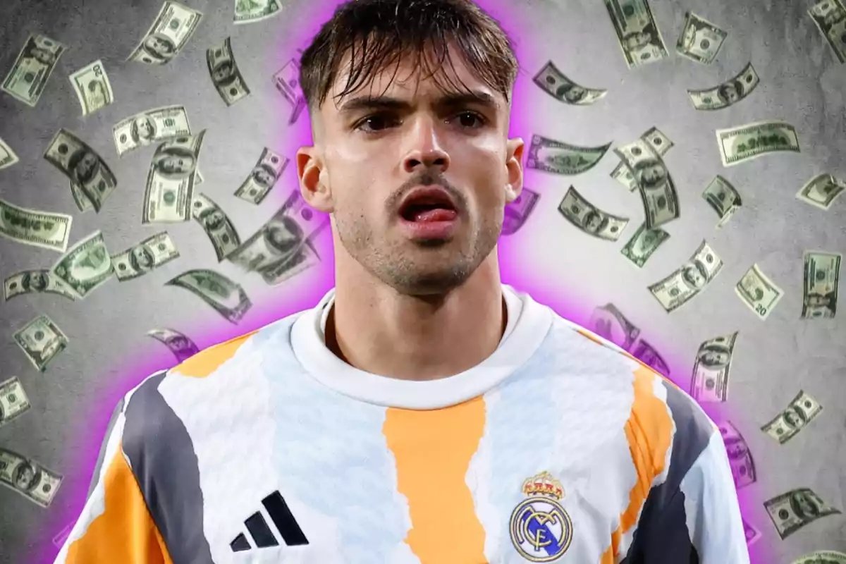 Un jugador de fútbol con una camiseta del Real Madrid está rodeado de billetes de dólar flotando en el aire. Un jugador de fútbol con una camiseta del Real Madrid está rodeado de billetes de dólar flotando en el aire.