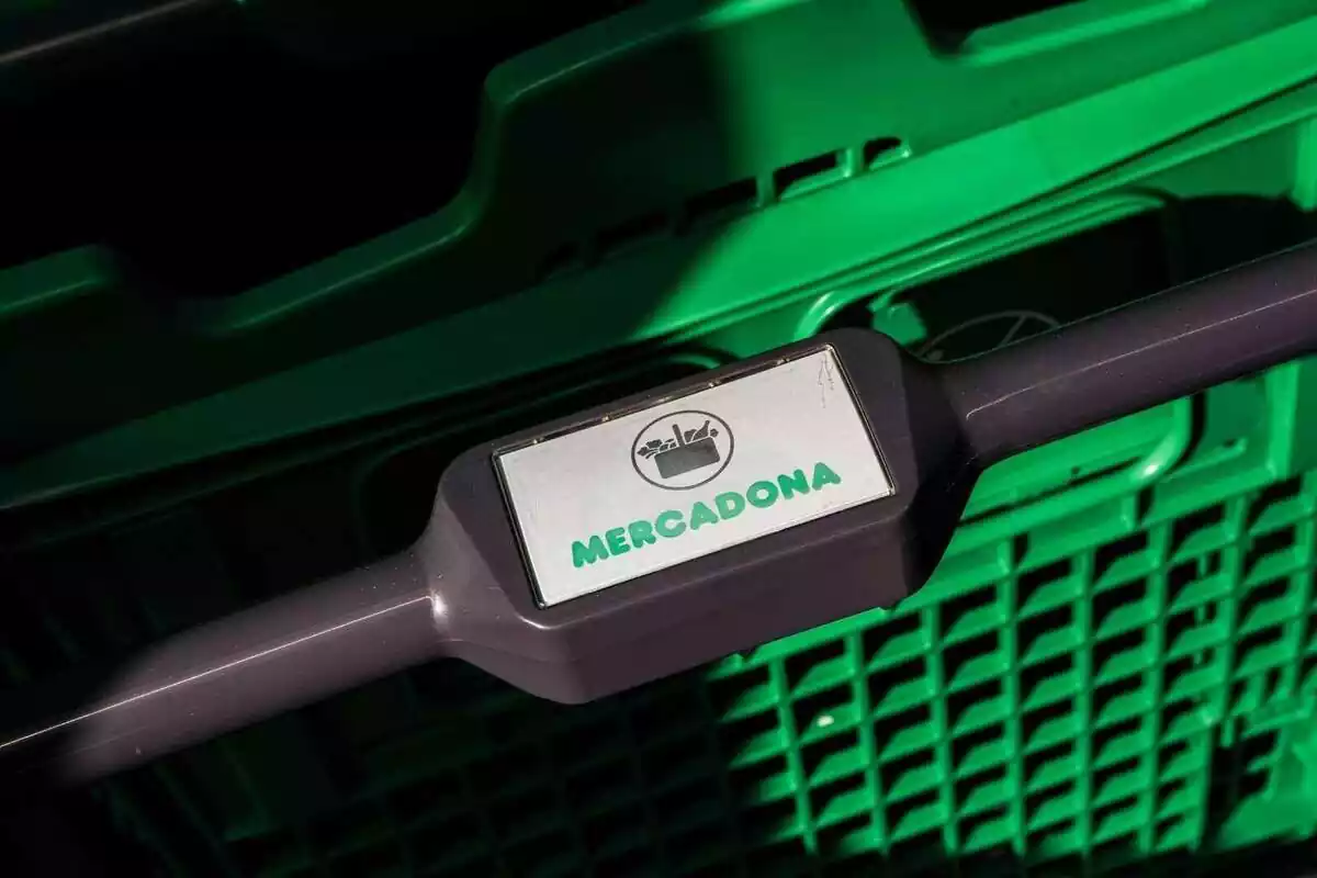 Logo de la botiga Mercadona en un carret de la compra Logo de la botiga Mercadona en un carret de la compra