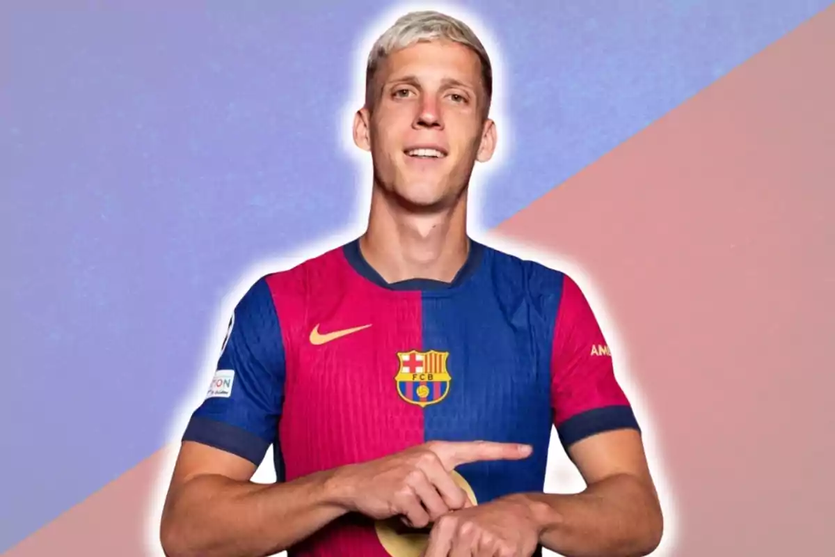 Un jugador de fútbol con el uniforme del FC Barcelona sobre un fondo de colores azul y rosa.