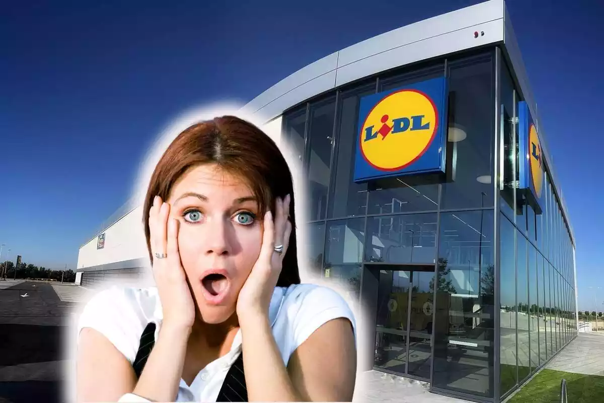 Surprised blue-eyed brunette woman with hands on face on Lidl background