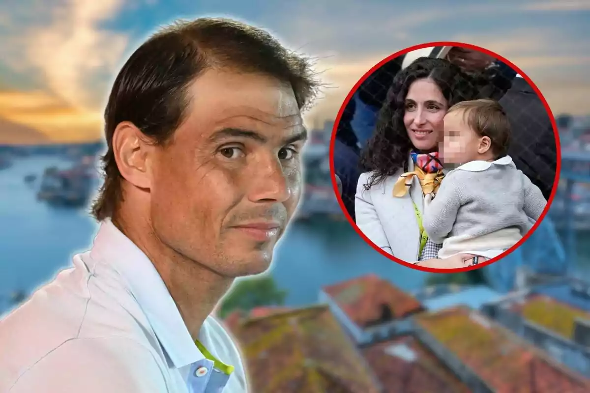 Un hombre de perfil con fondo de paisaje urbano y un recuadro que muestra a una mujer sosteniendo a un niño. Un hombre de perfil con fondo de paisaje urbano y un recuadro que muestra a una mujer sosteniendo a un niño.