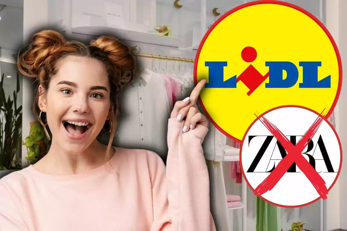 A smiling person points at the Lidl logo while a Zara logo is crossed out.