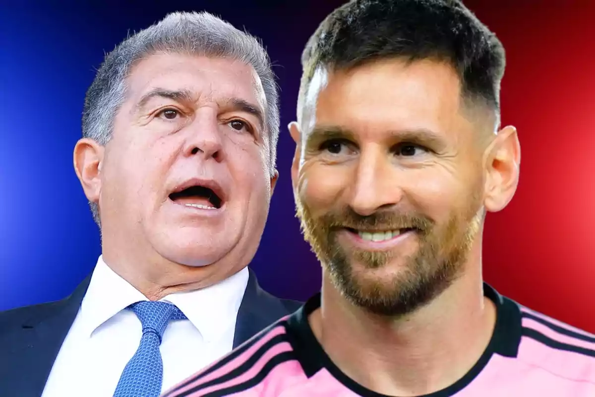 Dos hombres en primer plano, uno con traje y corbata azul y el otro con camiseta rosa, sobre un fondo degradado de azul a rojo.