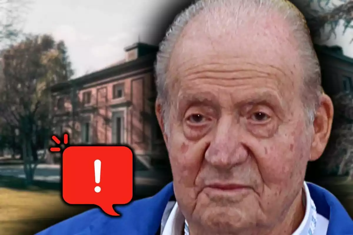 Photo montage of Juan Carlos I with a serious expression in the foreground, with an image of the Zarzuela Palace in the background and a warning emoji next to him.