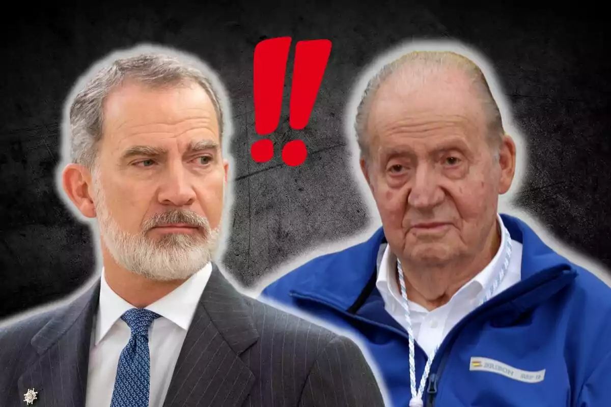 Felipe VI and Juan Carlos I staring at each other seriously against a dark background, with two red exclamation marks between them Felipe VI and Juan Carlos I staring at each other seriously against a dark background, with two red exclamation marks between them