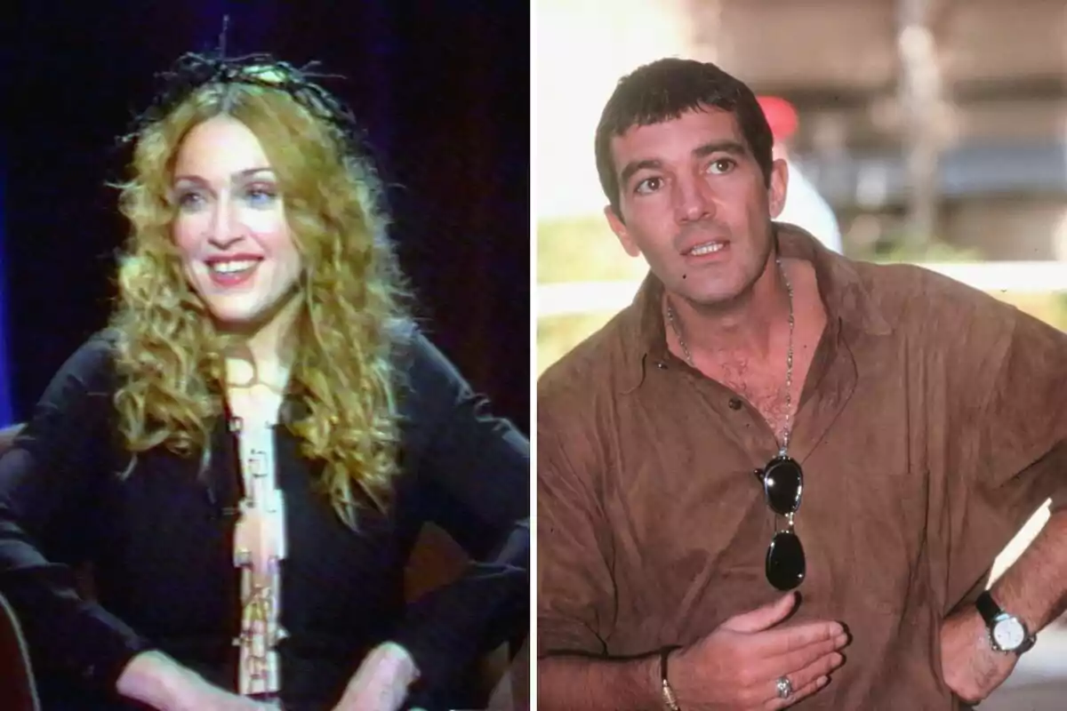 Madonna and Antonio Banderas in different settings, a smiling woman with curly blonde hair and a man with short hair wearing a brown jersey and glasses hanging from his chest Madonna and Antonio Banderas in different settings, a smiling woman with curly blonde hair and a man with short hair wearing a brown jersey and glasses hanging from his chest