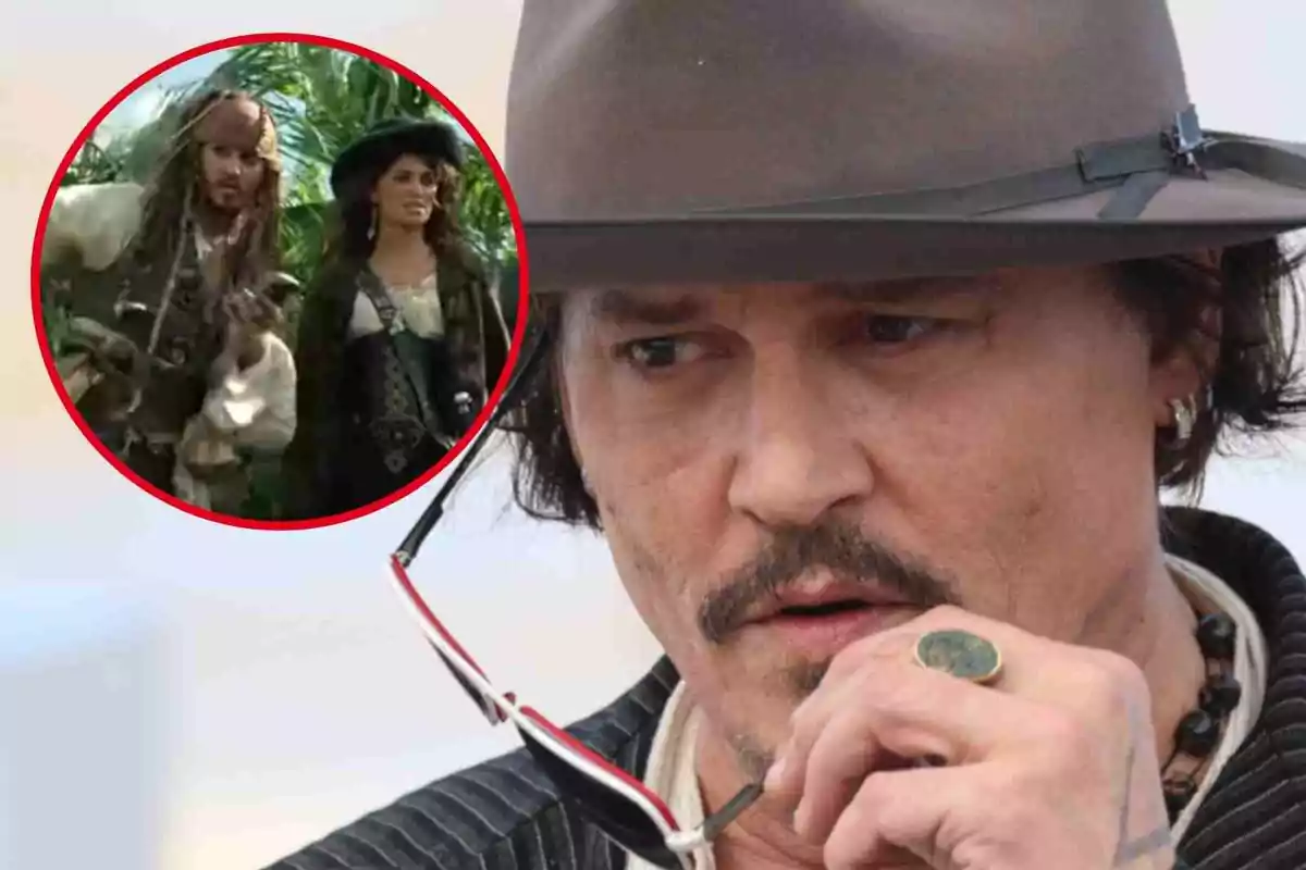 Johnny Depp with a hat and glasses in his hand, with a circle showing a scene of 'Pirates of the Caribbean' with Penélope Cruz in a jungle setting. Johnny Depp with a hat and glasses in his hand, with a circle showing a scene of 'Pirates of the Caribbean' with Penélope Cruz in a jungle setting.