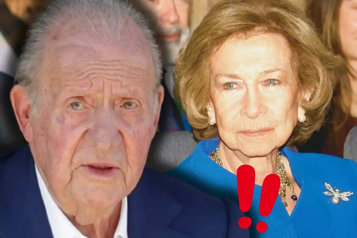 Juan Carlos I and Queen Sofía with serious expressions and two red exclamation marks in front of them Juan Carlos I and Queen Sofía with serious expressions and two red exclamation marks in front of them