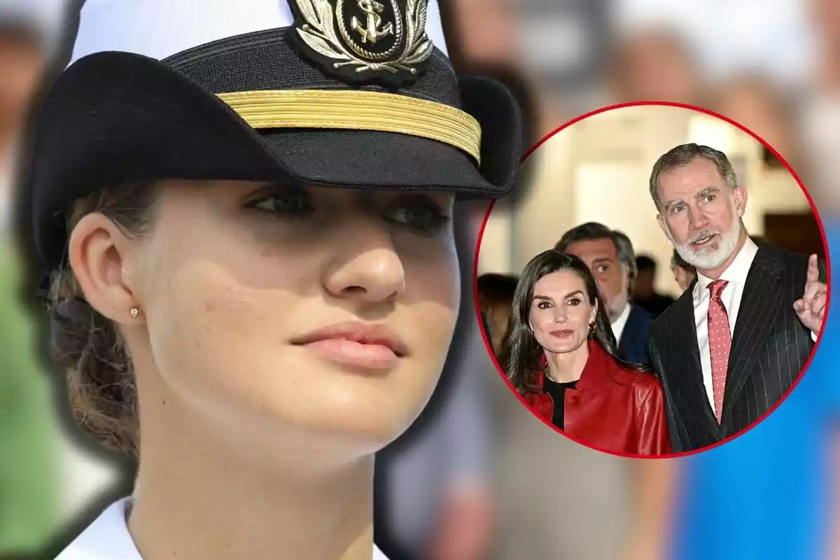 La princesa Leonor con uniforme militar y un sombrero de gala aparece en primer plano, mientras que en un recuadro al fondo se observa a la reina Letizia y Felipe VI vestidas formalmente.