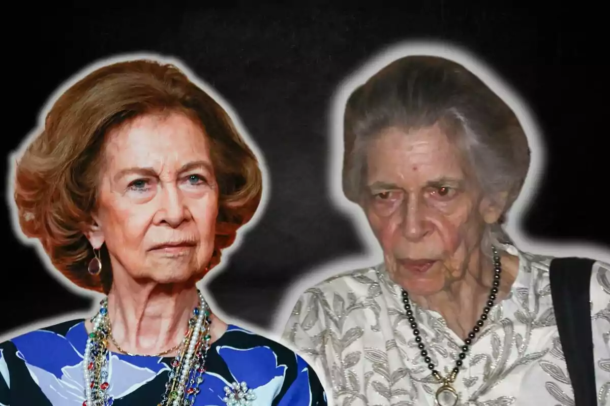 Queen Sofía and Irene of Greece with serious expressions, one wearing a blue dress with necklaces and the other a light outfit with a black necklace, against a dark background. Queen Sofía and Irene of Greece with serious expressions, one wearing a blue dress with necklaces and the other a light outfit with a black necklace, against a dark background.