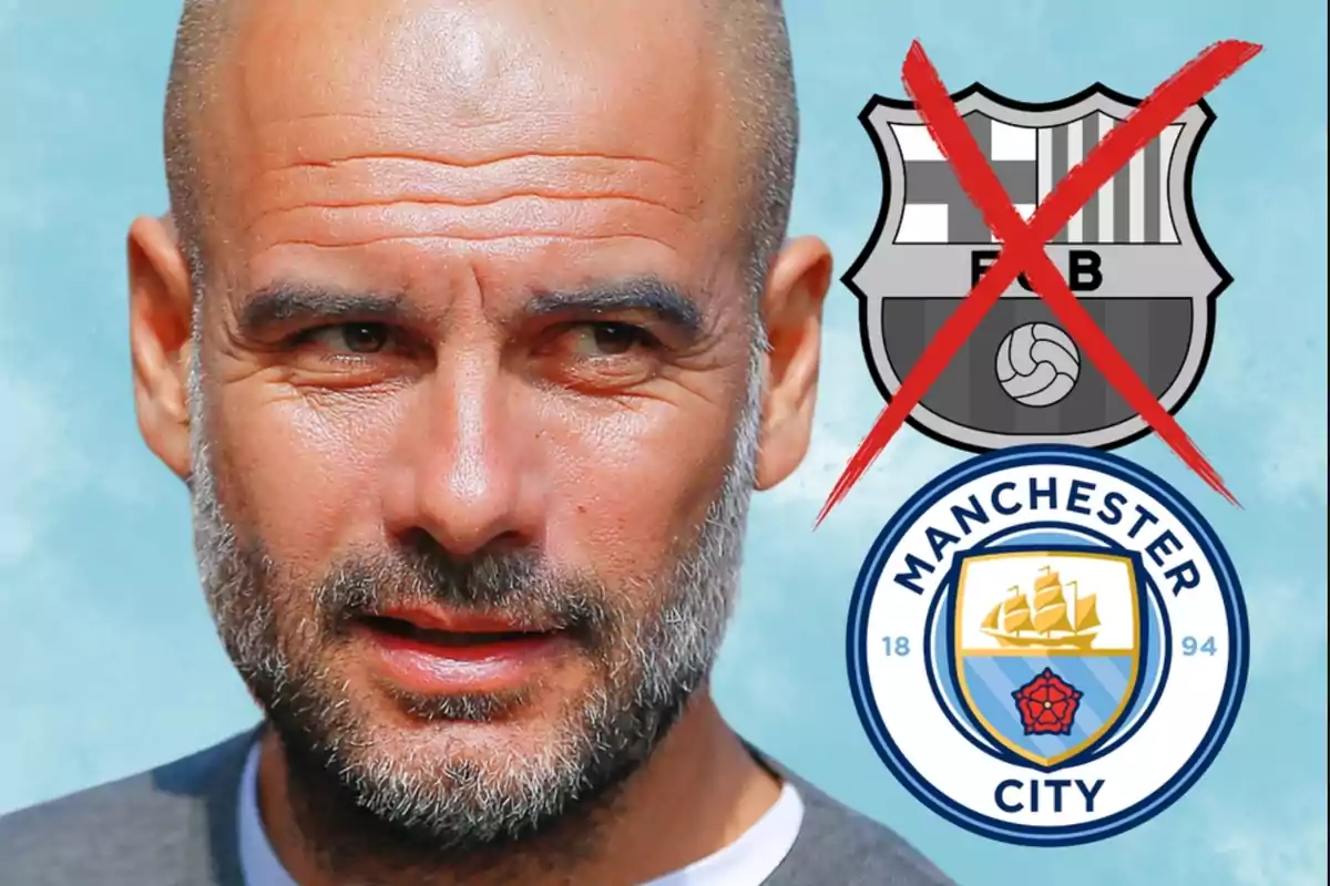 Un home calb amb barba apareix en primer pla, al seu costat hi ha un escut d'un equip de futbol ratllat amb una X vermella i a sota l'escut del Manchester City. Un home calb amb barba apareix en primer pla, al seu costat hi ha un escut d'un equip de futbol ratllat amb una X vermella i a sota l'escut del Manchester City.
