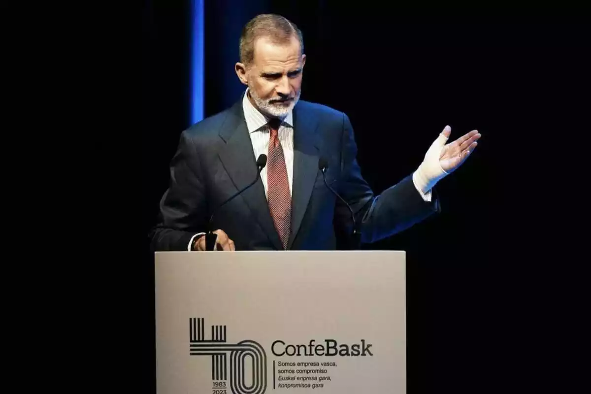 El Rey Flipe VI dando un discurso con una mano vendada