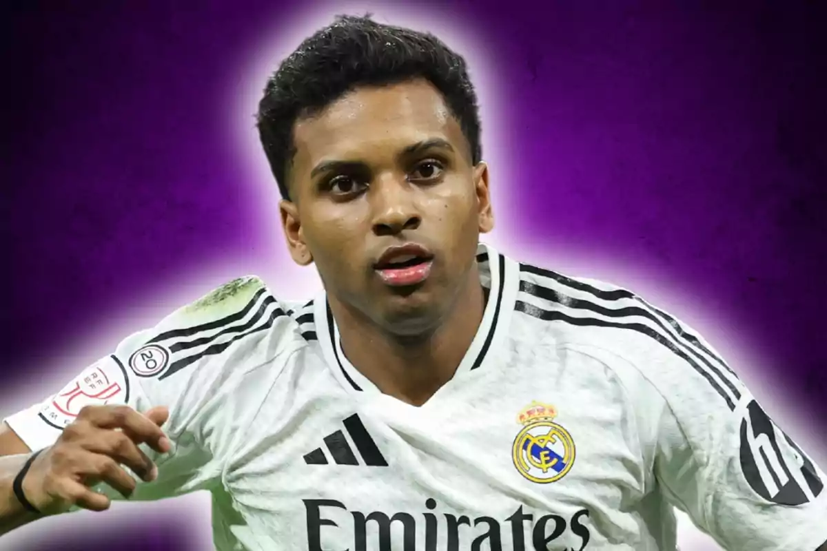 Real Madrid player in a white uniform against a purple background Real Madrid player in a white uniform against a purple background