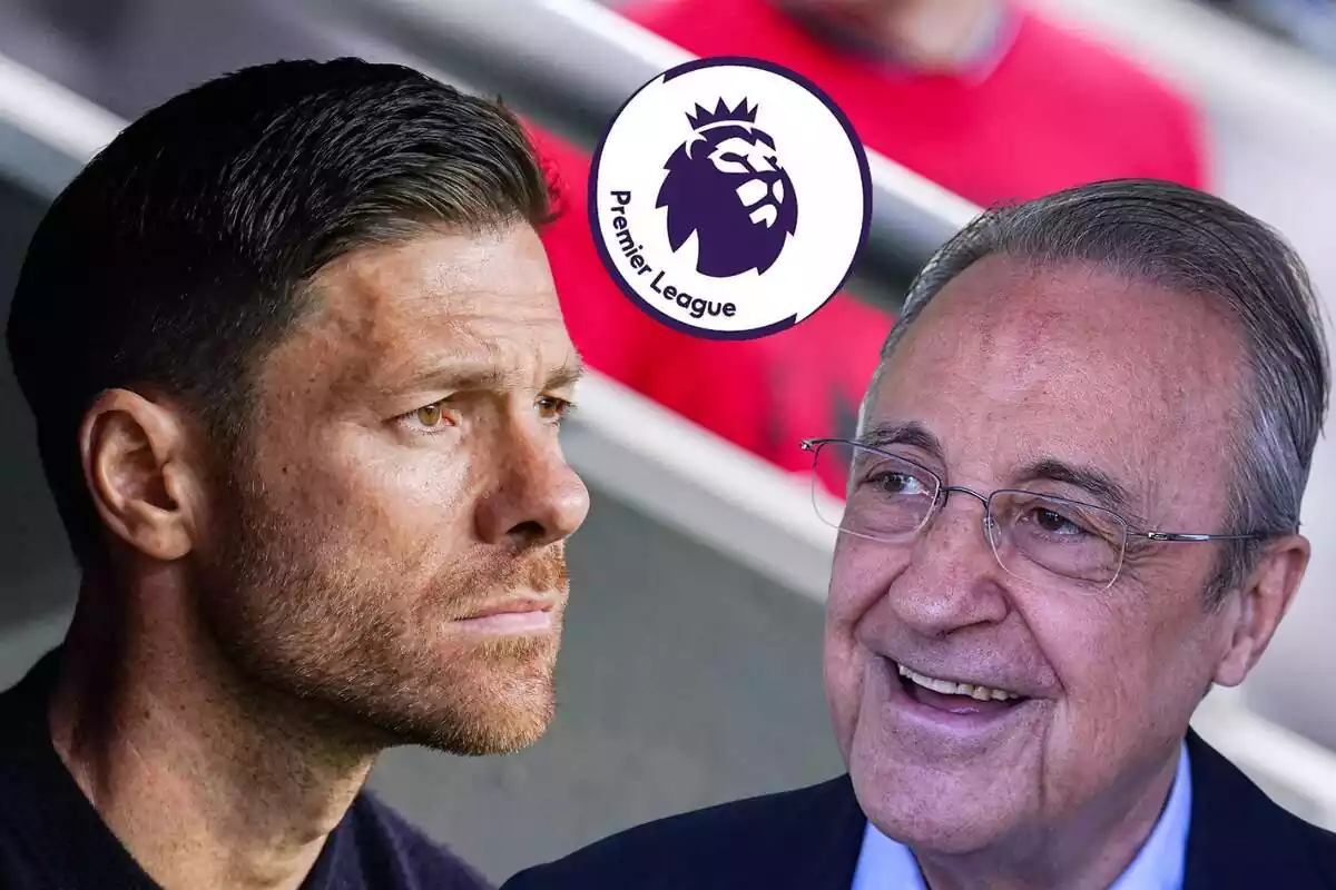 Muntatge de Xabi Alonso seriós mirant Florentino Pérez i el logo de la Premier League Muntatge de Xabi Alonso seriós mirant Florentino Pérez i el logo de la Premier League